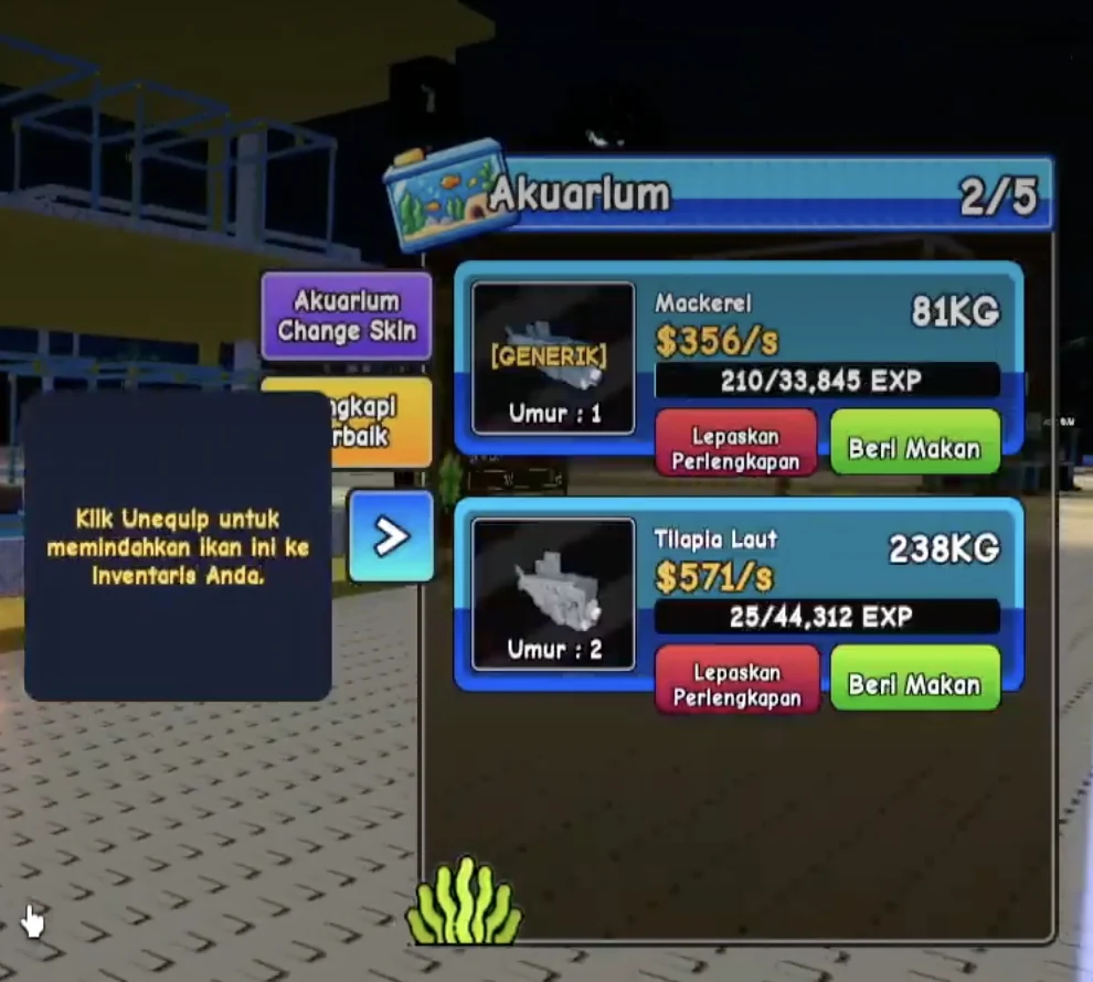 Actual Ride A Fish aquarium fish panel with red Unequip and green Feed buttons and an inventory-transfer tooltip