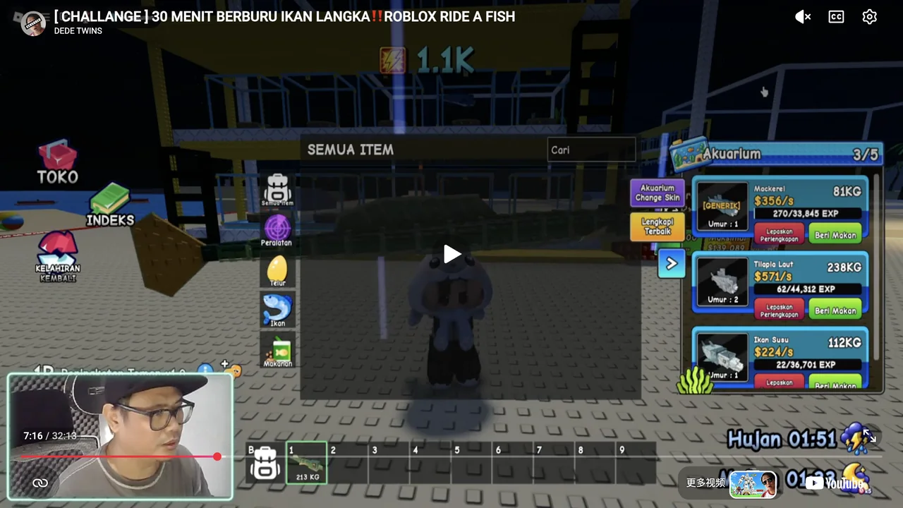 Actual Ride A Fish footage showing the selected fish in a green outlined hotbar slot